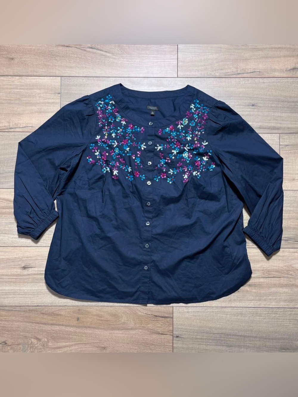 Talbots Plus Petite Women's Embellished Button Front Top Size 1XP Navy Blue